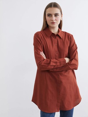 LC Waikiki Kahverengi Regular Fit Kadın Gömlek Tunik Düz Şifon Günlük Stil
