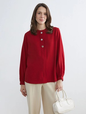 LC Waikiki Kırmızı Hakim Yaka Dokulu Kadın Gömlek