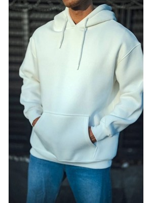 Üç Iplik Penye Kapşonlu Basic Sweatshirt - Beyaz