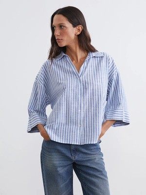LC Waikiki Mavi Çizgili Oversize Poplin Kadın Gömlek