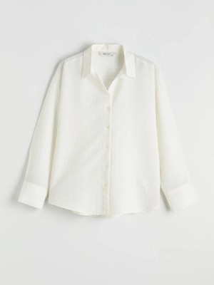 LC Waikiki Ekru Çizgili Oversize Kadın Gömlek