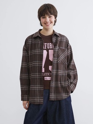 LC Waikiki Kahverengi Ekose Oversize Krinkle Kadın Gömlek