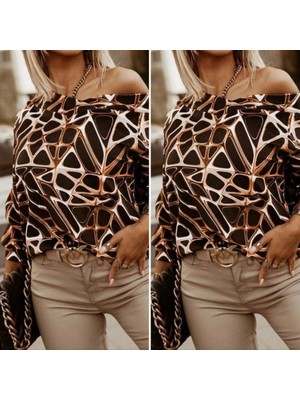 Kadın Uzun Kollu V Yaka Düşük Omuz Geometrik Desen Şardonlu Dalgıç Bluz