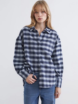 LC Waikiki Lacivert Ekose Oversize Kadın Oduncu Gömlek