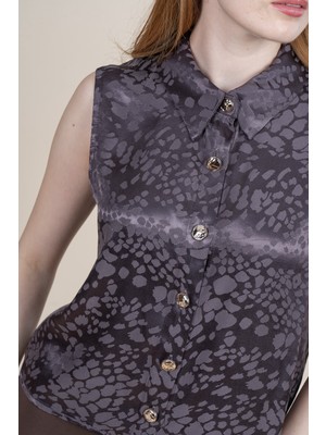 MissVina Oversıze Kolsuz Gömlek Yaka Saten Bluz 70057