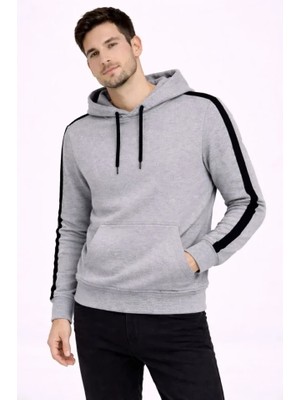 Erkek Şeritli Kapüşonlu Sweatshirt Oversize 3 Iplik Pamuklu - Gri