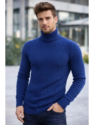 Erkek Balıkcı Yaka Bağazlı Triko Kazak Pamuklu Kalın Fitilli Dokuma, Regular Fit Uzun Kollu Kışlık Model - Indigo