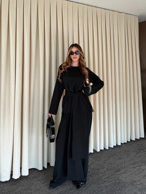 Laluvia Siyah Kuşaklı Dantel Detaylı Bluz Pantolon Takım - 8006