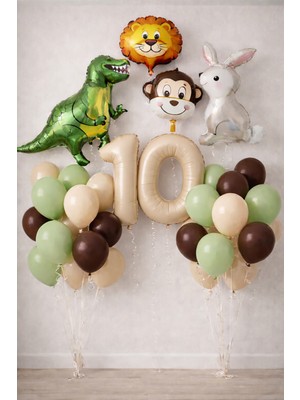 Erkek Çocuk Safari Hayvan Figürlü Konsept Doğum Günü 2 Rakam Balon Seçenekli Mumlu Balon Seti