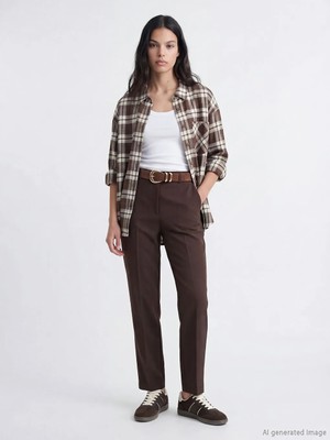 LC Waikiki Kahverengi Ekose Oversize Kadın Gömlek