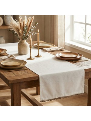 Vienna Home Canvas Runner El Yapımı Modern Dantel Detaylı – %100 Pamuk Canvas Kumaş, 40X140 cm Masa Üstü Dekor