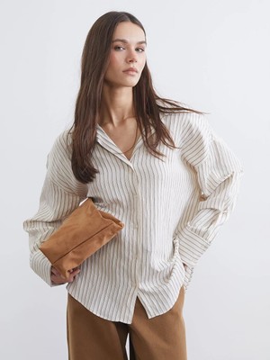 LC Waikiki Ekru Çizgili Oversize Kadın Gömlek