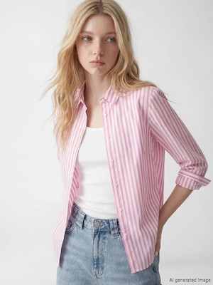 LC Waikiki Pembe Çizgili Poplin Kadın Gömlek
