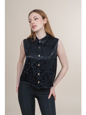 MissVina Oversıze Kolsuz Gömlek Yaka Saten Bluz 70057