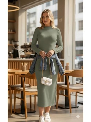 Kadın Uzun Kollu Balıkçı Yakalı Yanlardan Yırtmaçlı Kaşkorse Maxi Elbise