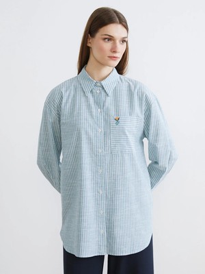 LC Waikiki Yeşil Çizgili Oversize Poplin Kadın Gömlek Tunik