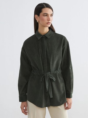 LC Waikiki Haki Beli Kuşaklı Kadın Kadife Gömlek Tunik