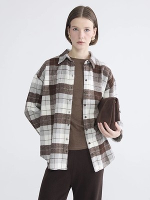 LC Waikiki Kahverengi Ekose Oversize Kadın Gömlek