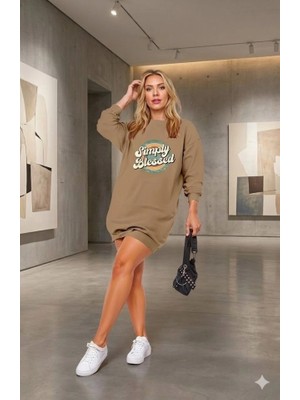 Kadın Uzun Kollu Bisiklet Yaka Yazılı Viskon Iki Iplik Elbise