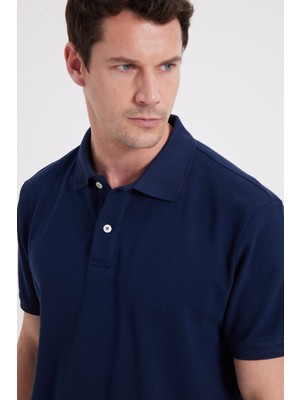 Tudors Erkek Regular Fit Klasik Kesim %100 Pamuk Düz Pike Lacivert Polo Yaka Tişört