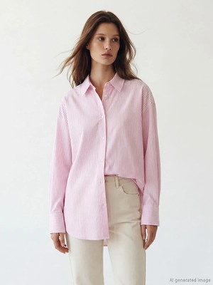 LC Waikiki Pembe Çizgili Kadın Oxford Gömlek