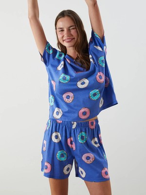 Lc Waikiki Yeni Sezon Bisiklet Yaka Desenli Kadın Şortlu Pijama Takımı