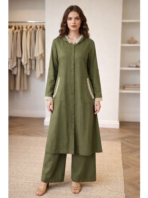 Zkmoda Kapüşonlu Dantel Detaylı Ikili Takım Önü Düğmeli Bol Paça Rahat Kalıp