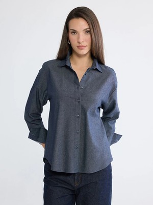 LC Waikiki Indigo Desenli Kadın Jean Gömlek