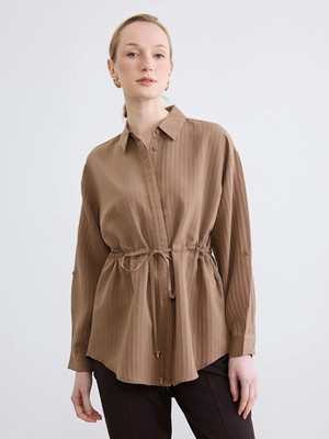 LC Waikiki Kahverengi Beli Bağcıklı Çizgili Kadın Gömlek Tunik
