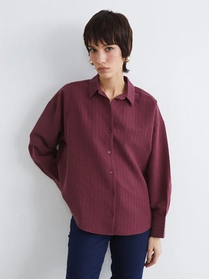LC Waikiki Bordo Çizgili Oversize Kadın Gömlek