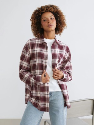 LC Waikiki Bordo Ekose Oversize Kadın Oduncu Gömlek