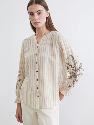 LC Waikiki Kahverengi Kaçık Yaka Çizgili Keten Karışımlı Kadın Gömlek