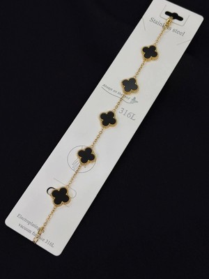 Melisa Takı & Aksesuar 316L Çelik Gold Renk Siyah Yonca Bileklik