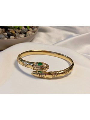 Euro Aksesuar Yeşil Gözlü Yılan Detaylı Zirkon Taşlı Çelik Kelepçe