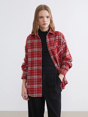 LC Waikiki Bordo Ekose Oversize Kadın Oduncu Gömlek