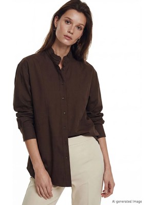 LC Waikiki Kahverengi Hakim Yaka Poplin Kadın Gömlek Tunik