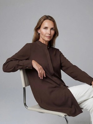 LC Waikiki Kahverengi Fırfırlı Hakim Yaka Kadın Gömlek Tunik