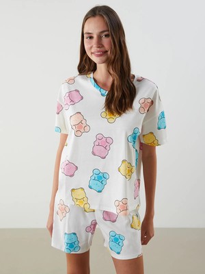 Lc Waikiki Yeni Sezon Bisiklet Yaka Desenli Kadın Şortlu Pijama Takımı