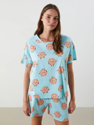 Lc Waikiki Yeni Sezon Bisiklet Yaka Desenli Kadın Şortlu Pijama Takımı