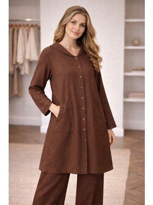 Zkmoda Kapüşonlu Dantel Detaylı Ikili Takım Önü Düğmeli Bol Paça Rahat Kalıp