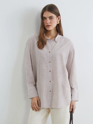 LC Waikiki Kahverengi Çizgili Oversize Kadın Gömlek Tunik