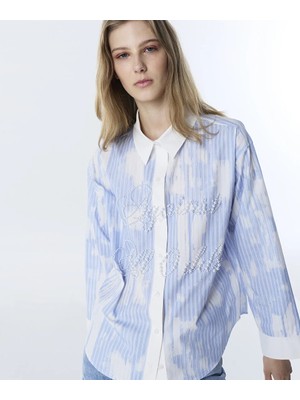 Twist Suni Incili Sloganlı Poplin Gömlek TS1260025144089