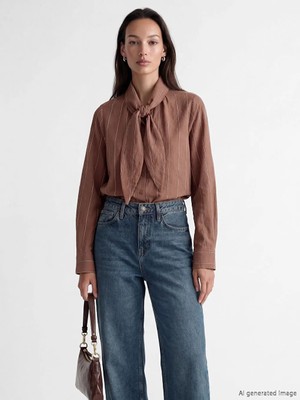 LC Waikiki Kahverengi Fular Yakalı Çizgili Kadın Gömlek Tunik