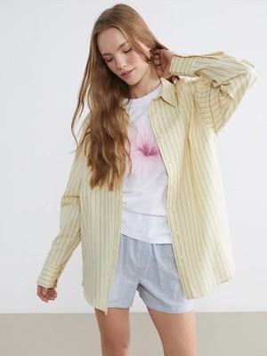 LC Waikiki Sarı Çizgili Oxford Oversize Kadın Gömlek