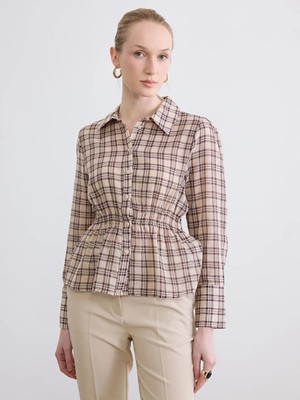 LC Waikiki Bordo Ekose Büzgülü Gofre Kadın Gömlek