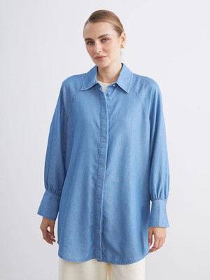 LC Waikiki Indigo Gömlek Yaka Kadın Jean Tunik