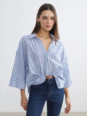 LC Waikiki Mavi Çizgili Oversize Poplin Kadın Gömlek