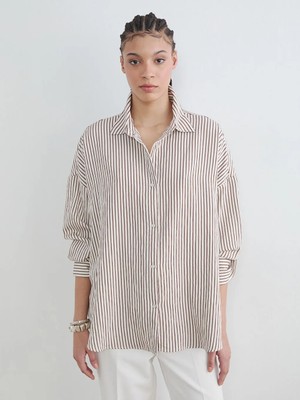 LC Waikiki Kahverengi Çizgili Oversize Kadın Gömlek