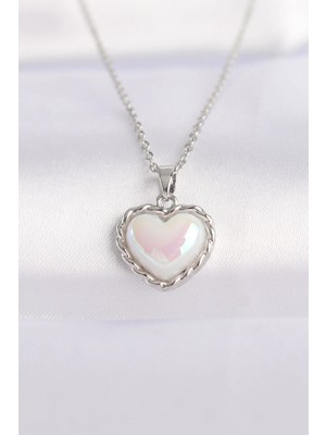 Eco Lounge 316L Çelik Zincir Gümüş Renk Beyaz Taşlı Bombeli Kalp Kolye