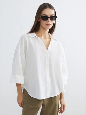 LC Waikiki Ekru Oversize Poplin Kadın Gömlek